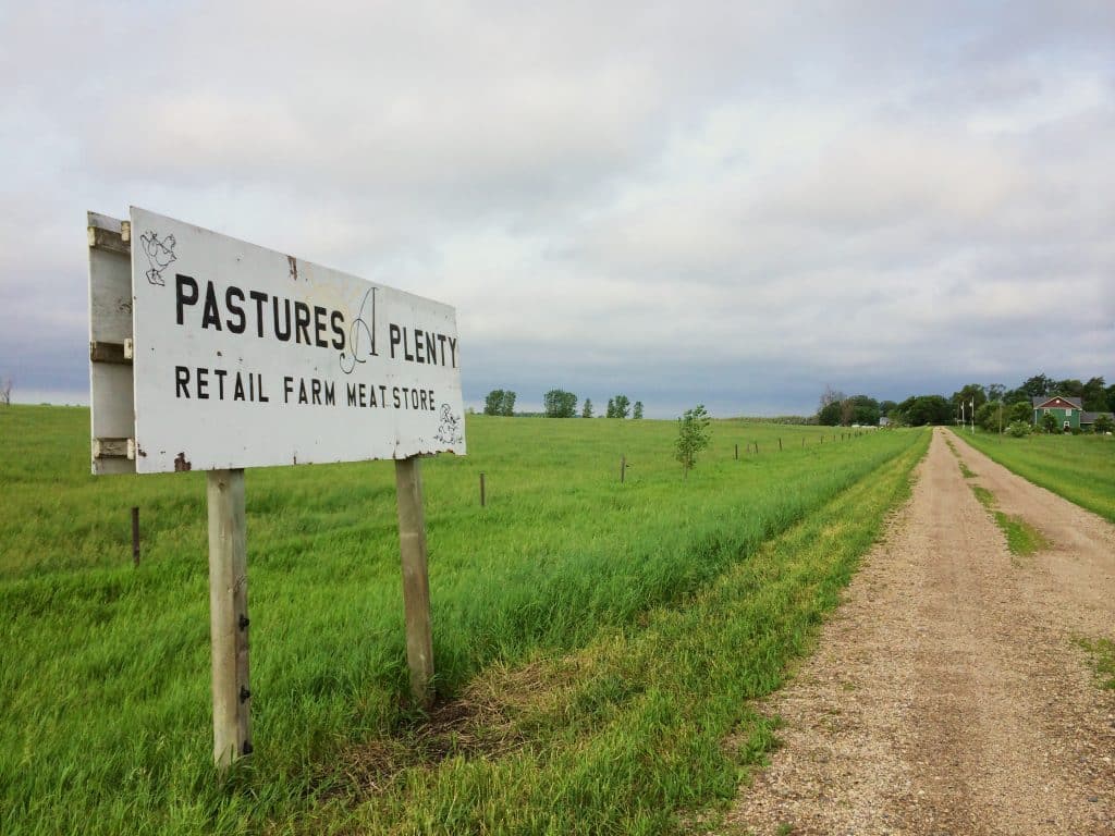 A Pastures A Plenty sign in front of a grassy field along a dirt road.